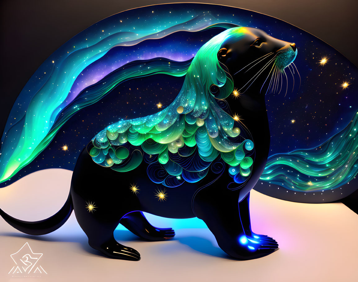 Illustration of glossy black seal with night sky mane and tail