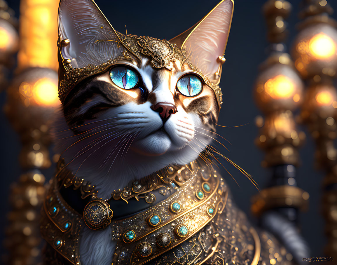 Regal Cat with Golden Headdress and Blue Eyes on Dark Background