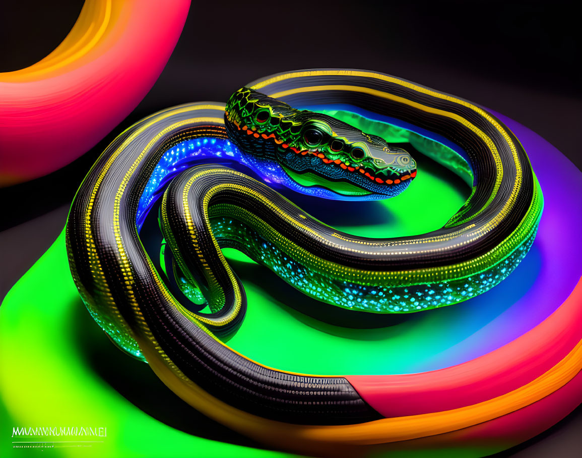 Digitally altered image of a glowing, multicolored snake on neon-lit surface