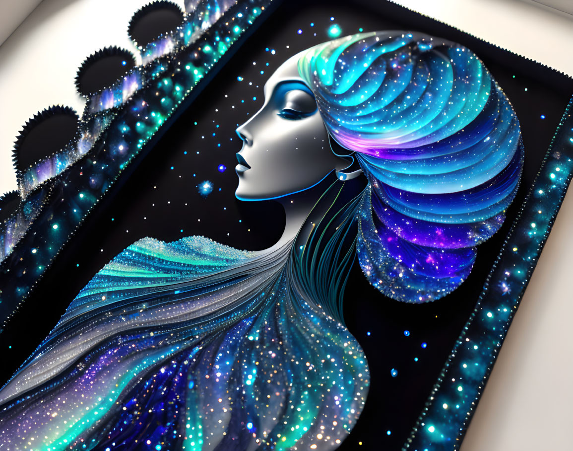 Female Figure with Cosmic-Themed Hairstyle and Dress in Blue and Purple