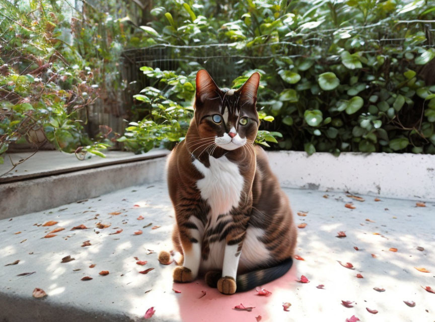 Brown and White Cat with Green Eyes on Sunlit Patio