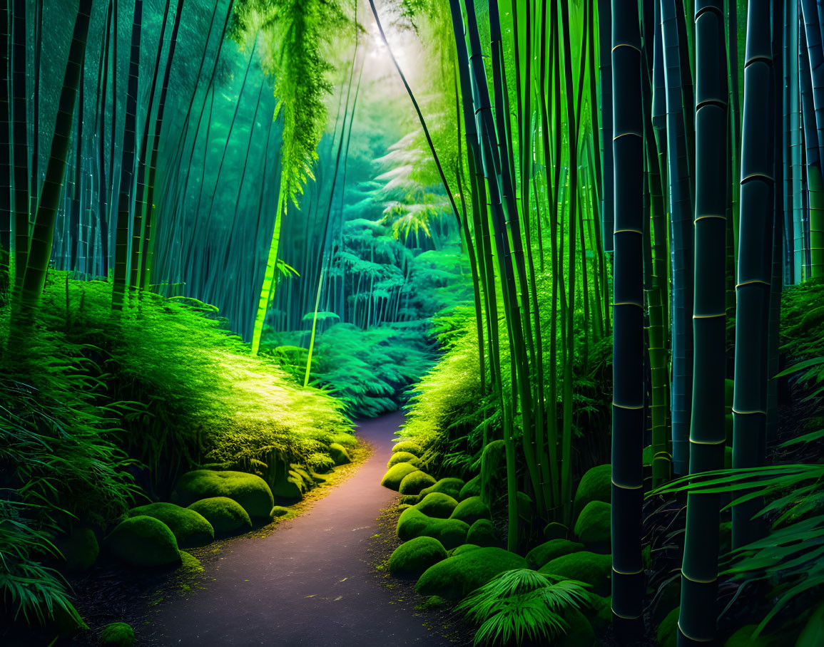 Tranquil Bamboo Forest Path with Sunlight Filtering Through Greenery