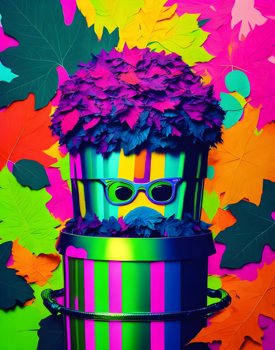 Colorful Digital Artwork: Character with Leafy Hair, Striped Body, Glasses, and Must