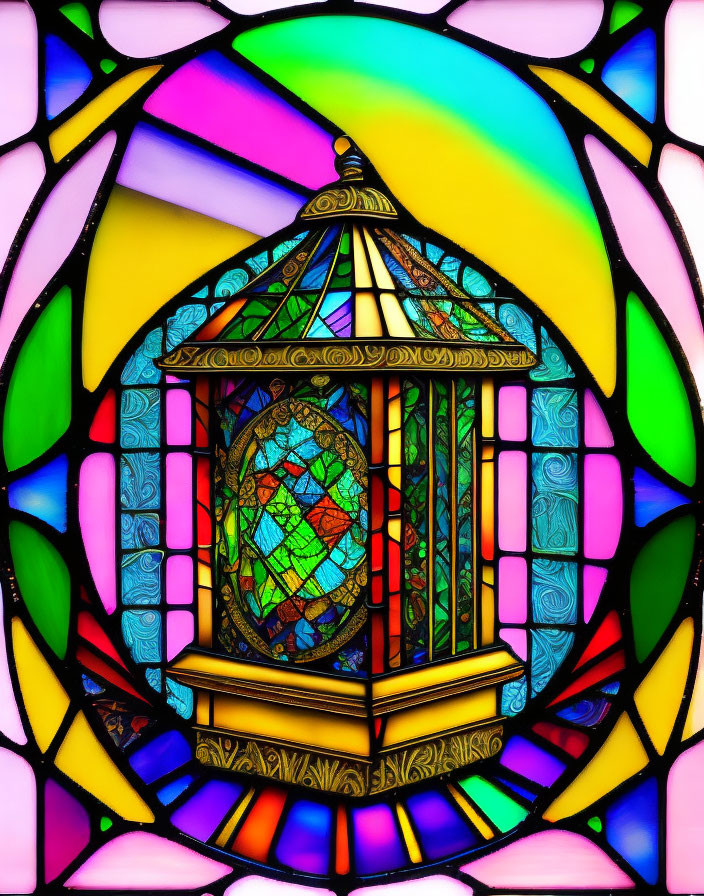 Colorful Stained Glass Window Featuring Birdcage and Mosaic Bird