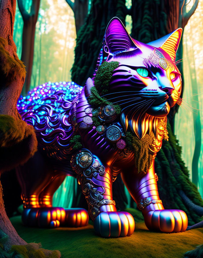 Colorful Mechanical Cat in Mystical Forest Setting