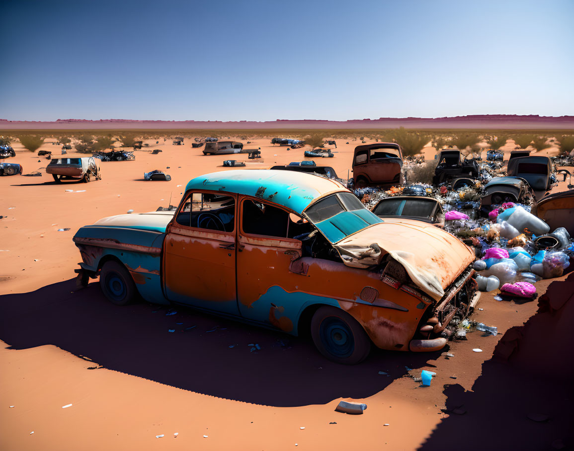 Abandoned vintage car with peeling turquoise paint in desert wreckage landscape