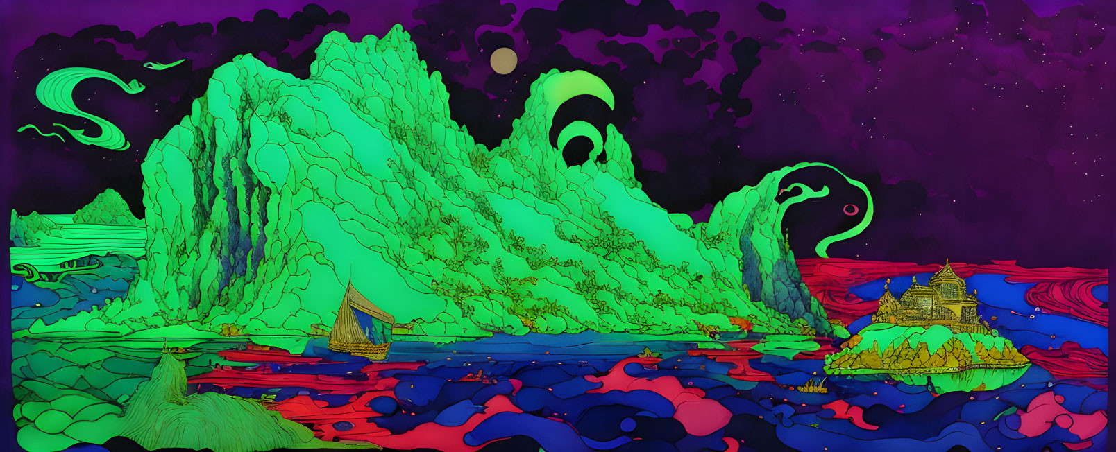 Vivid Psychedelic Landscape with Neon Green Mountains