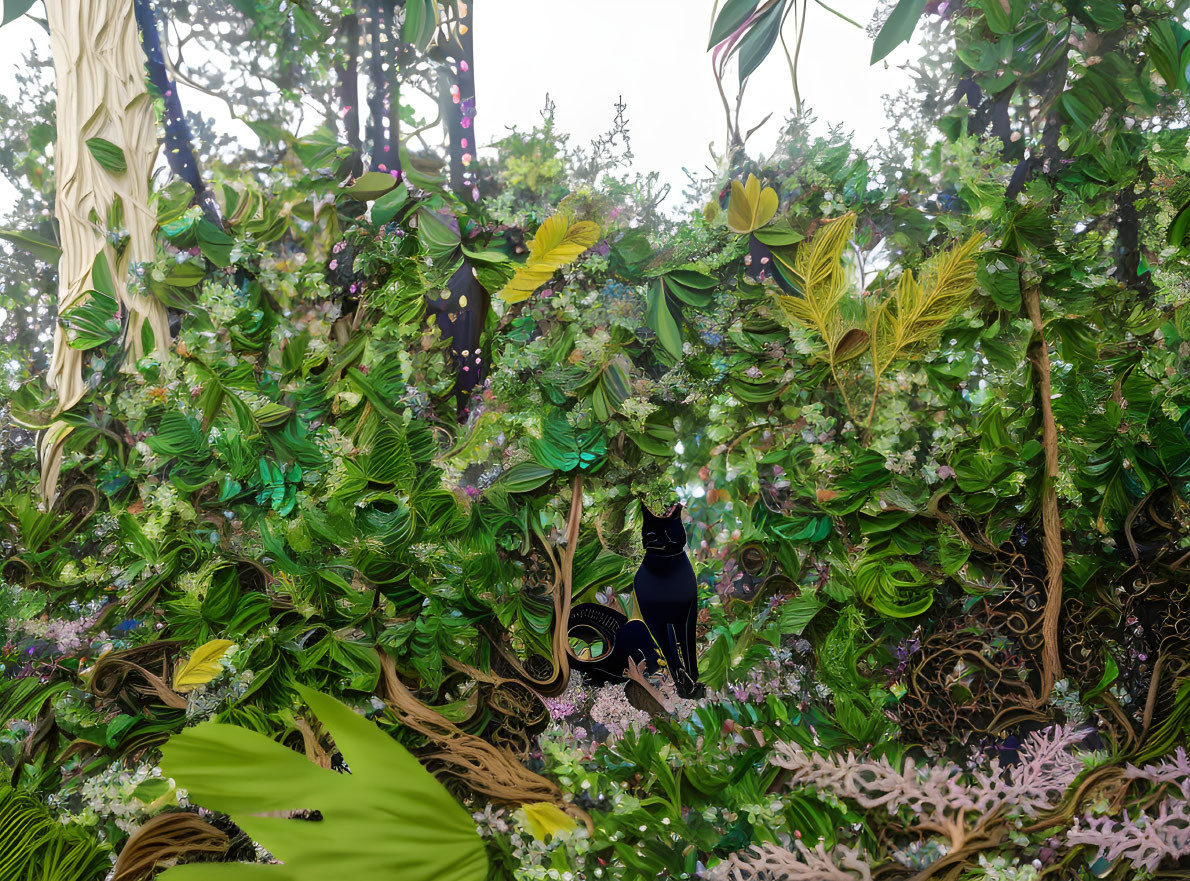 Diverse Plant Greenery with Black Cat Statue and Yellow Accents