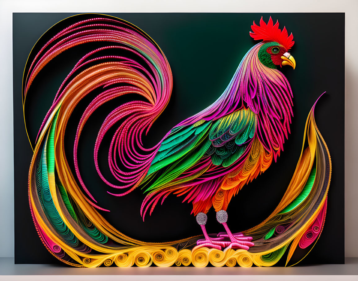 Colorful Stylized Rooster Artwork with Elaborate Feathers on Dark Background