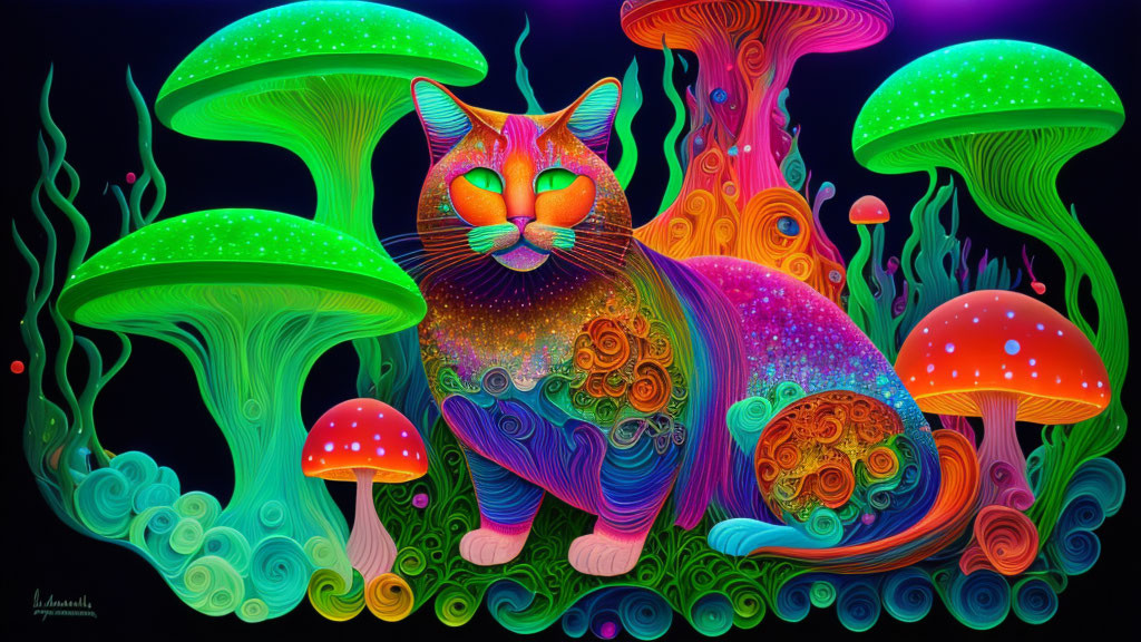 Colorful Psychedelic Cat Artwork with Neon Mushrooms on Dark Background