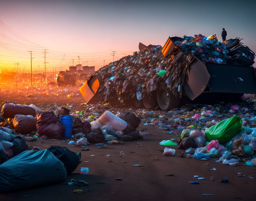 Landfill site at sunset with person, garbage mounds, and urban backdrop