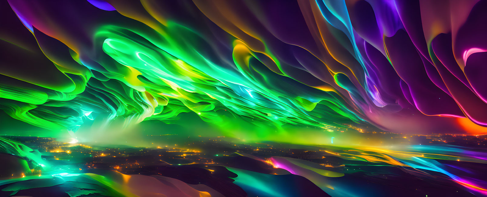 Colorful digital artwork: Swirling lights in green, purple, and yellow over dark landscape