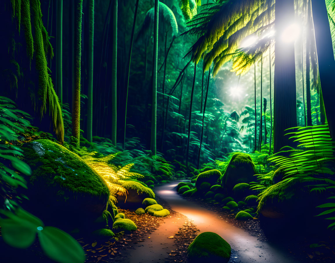 Forest Path with Mossy Stones and Green Ferns under Sunlight