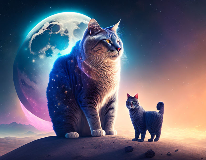 Cosmic cats on moon-like surface with Earth-like planet & stars