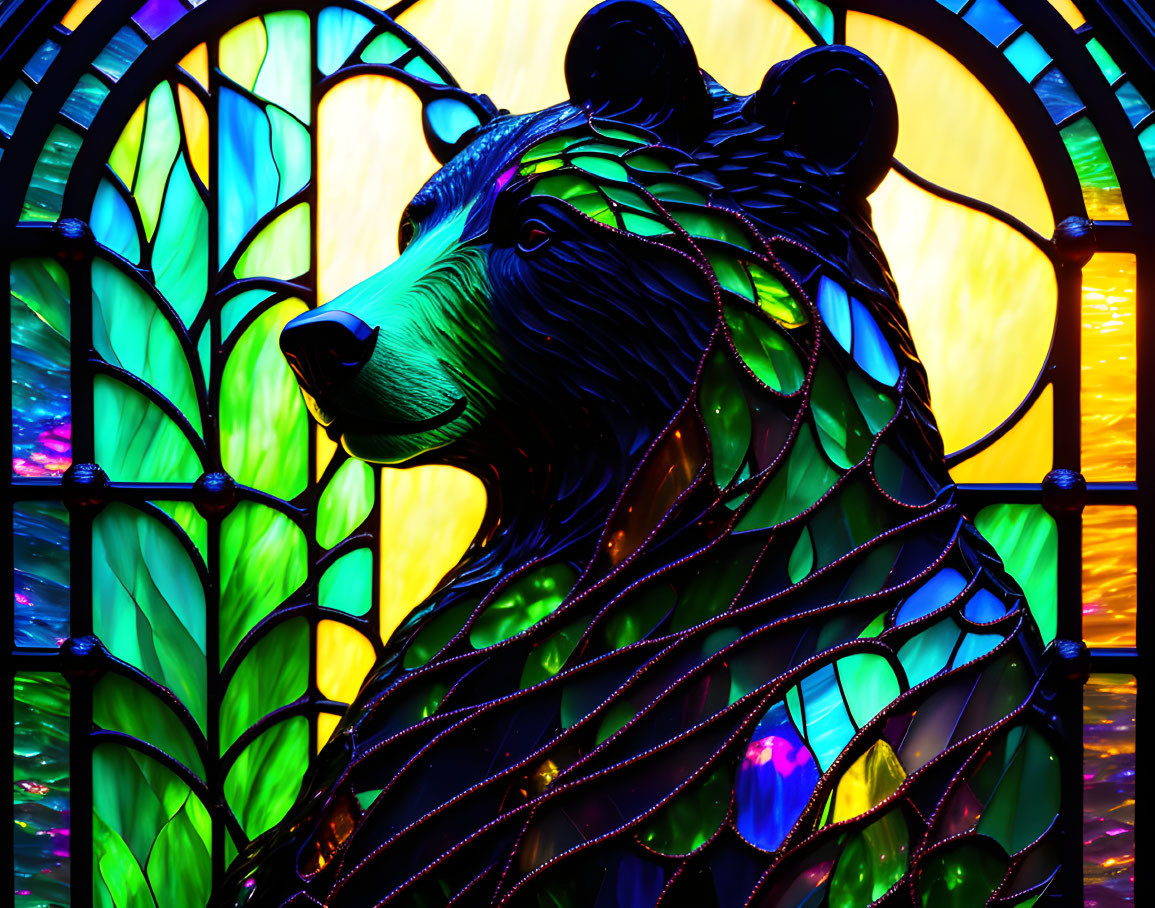 Colorful Bear Stained Glass Sculpture Against Yellow Illuminated Window