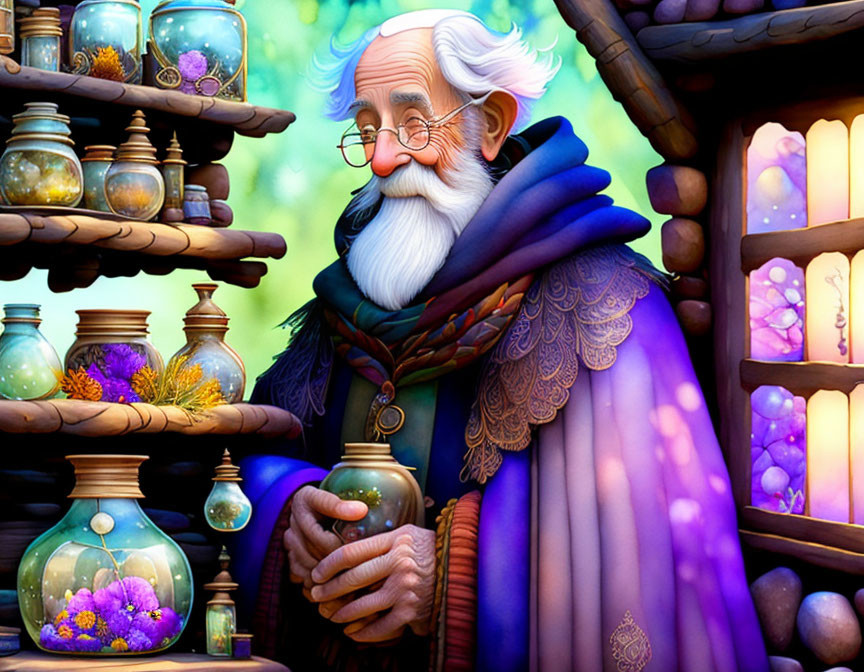 Elderly wizard with long white beard in magical potion shop