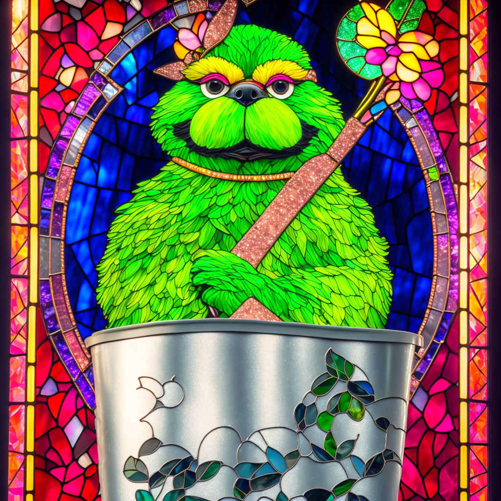 Colorful illustration: Green furry creature in silver pot on floral stained glass.