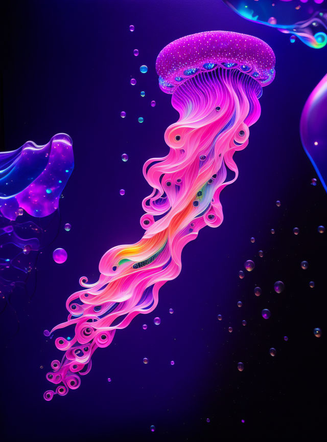 Colorful Jellyfish Artwork with Pink and Purple Tentacles on Dark Blue Background