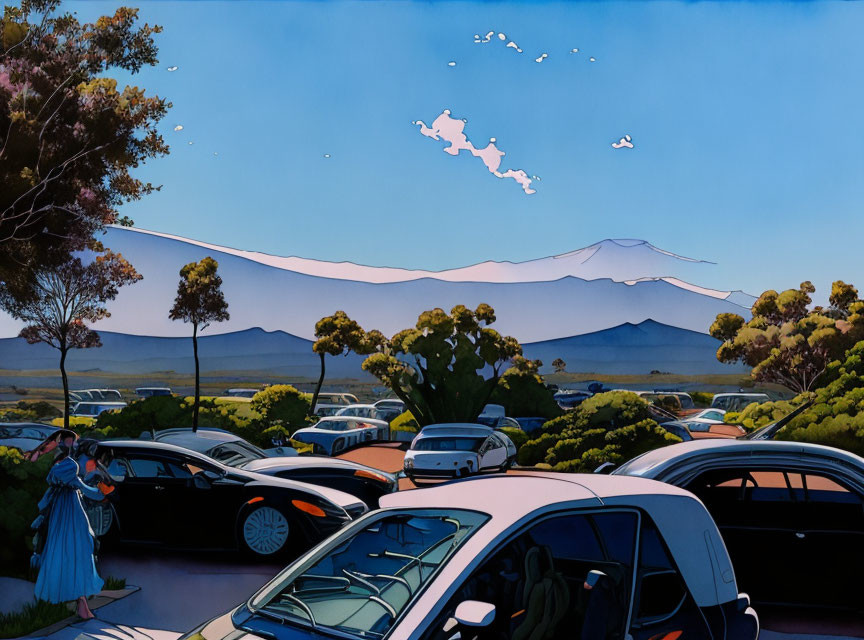 Scenic view of cars in lot with mountain and blue sky