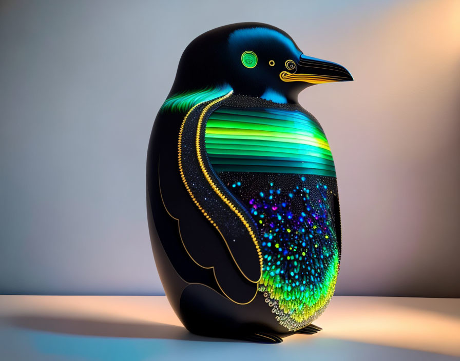 Vibrant penguin illustration with neon green and blue patterns on gradient backdrop