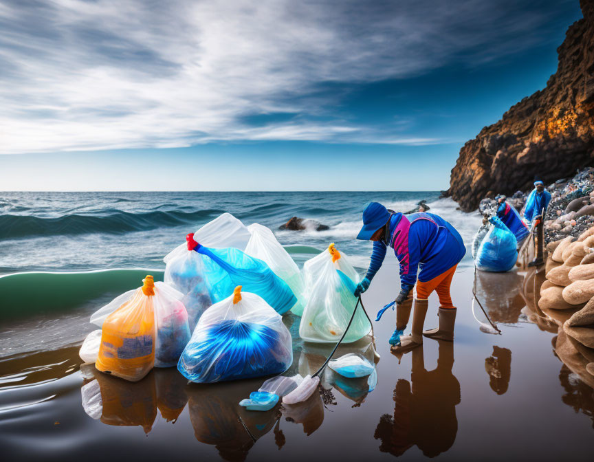 Volunteers cleaning beach with full garbage bags near ocean and cliff under blue sky