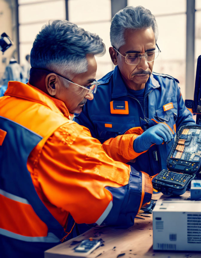 Technicians in Orange and Blue Uniforms Repairing Electronic Equipment