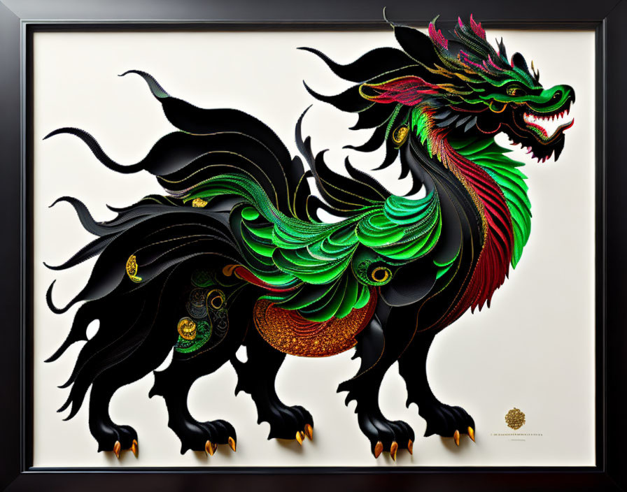 Colorful Dragon Illustration with Detailed Design, Framed Art Display