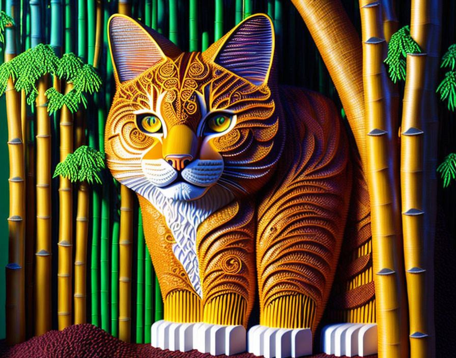 Colorful Digital Illustration: Cat in Bamboo Forest