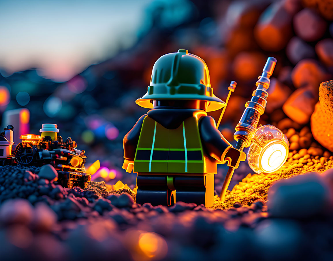 Green-suited LEGO figure with futuristic tool on rocky terrain.