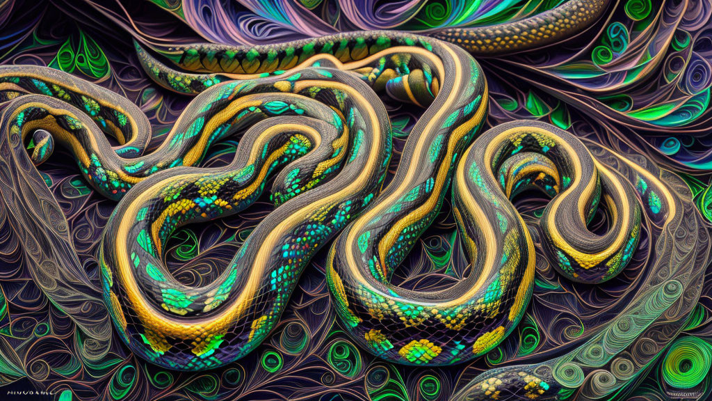 Colorful Serpentine Forms Entwined on Textured Background