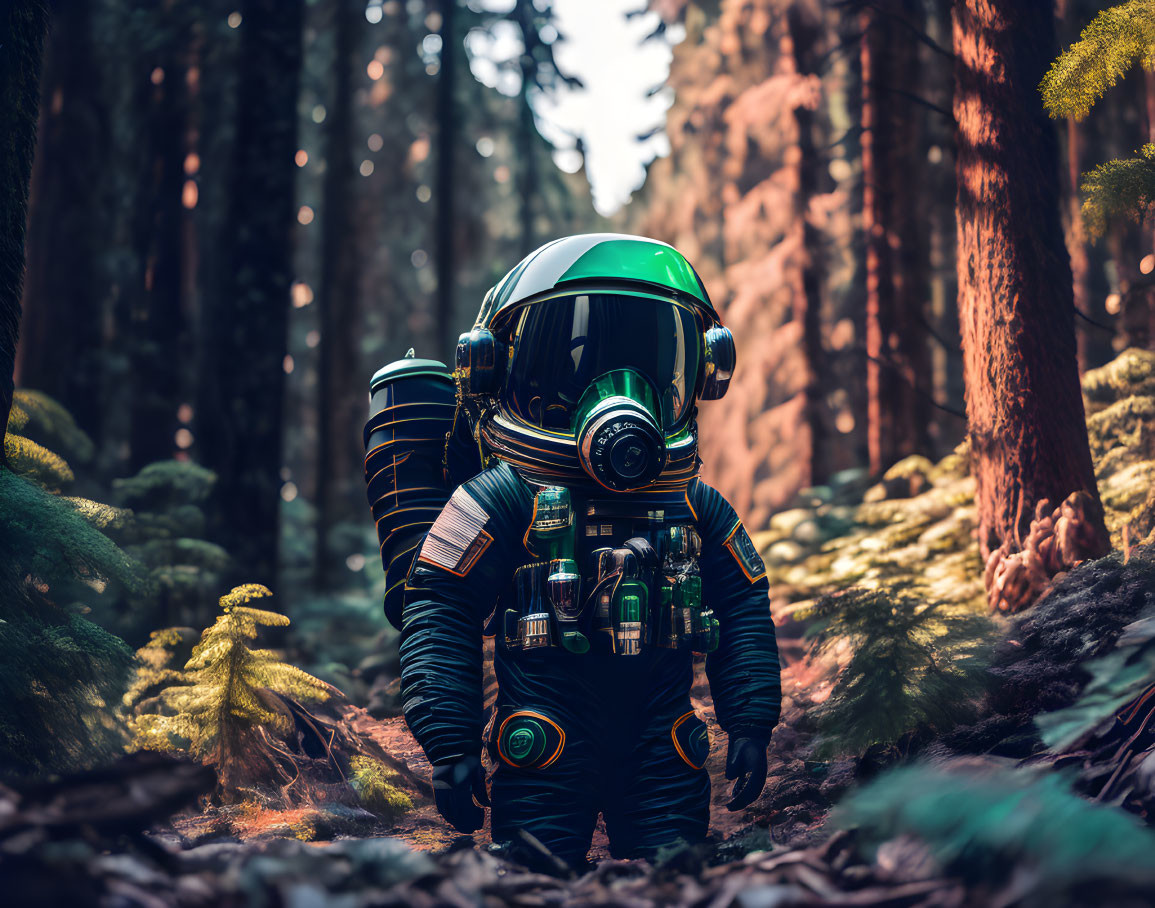 Astronaut in full space suit in dense forest with tall trees and ferns