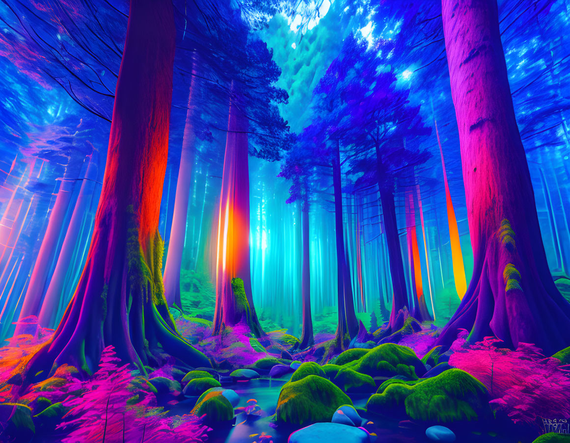 Colorful Forest with Tall Trees and Glowing Light Spectrum