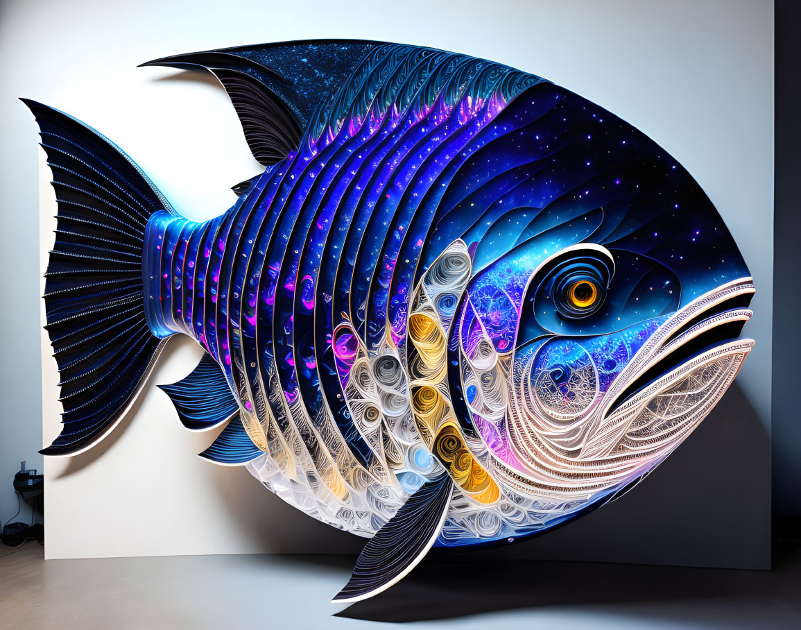 Intricately detailed paper art sculpture of fish with cosmic elements