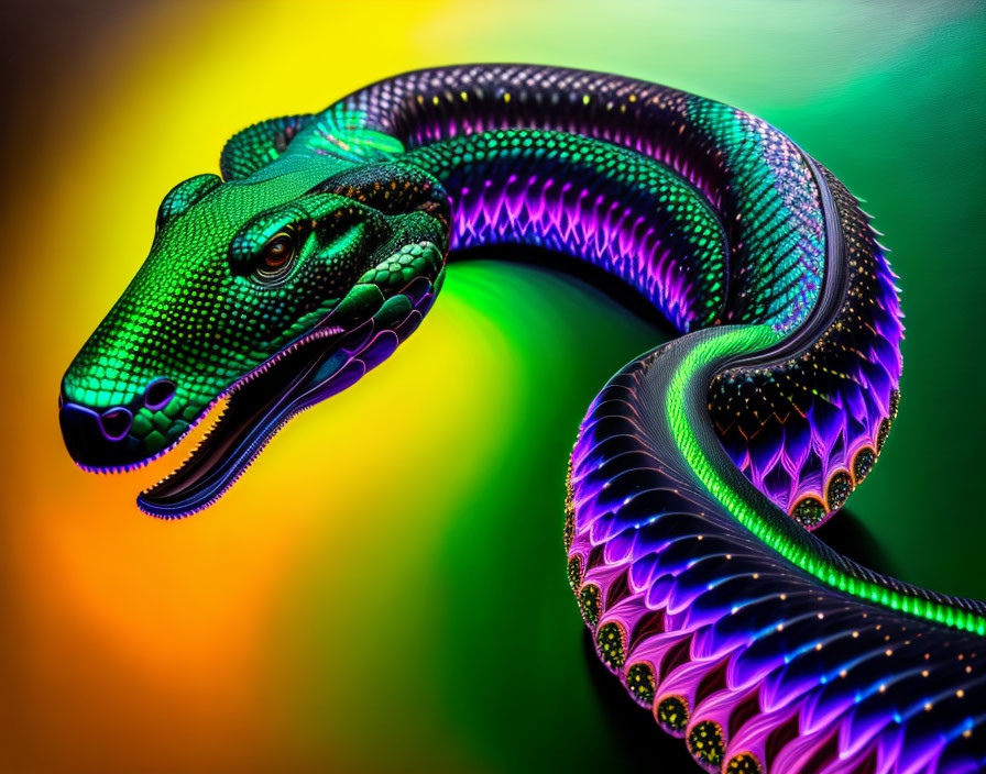 Colorful Digital Art: Green Snake with Iridescent Scales on Gradient Background