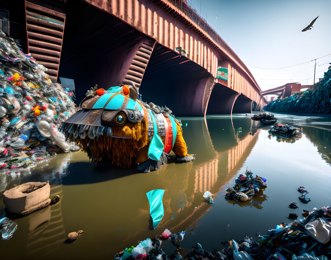 Colorful fish trash sculpture in polluted waterway under bridge