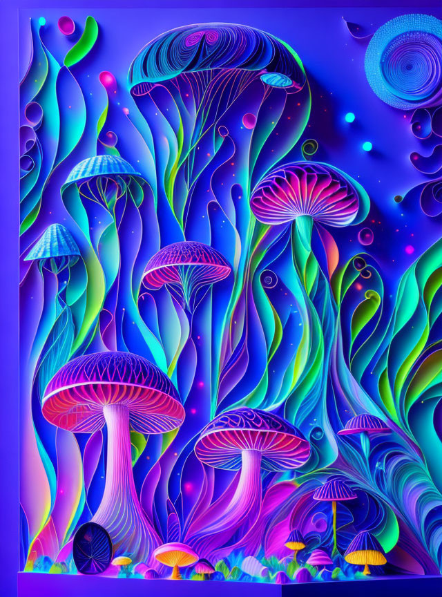 Colorful Psychedelic Mushroom Artwork with Neon Patterns on Blue Background