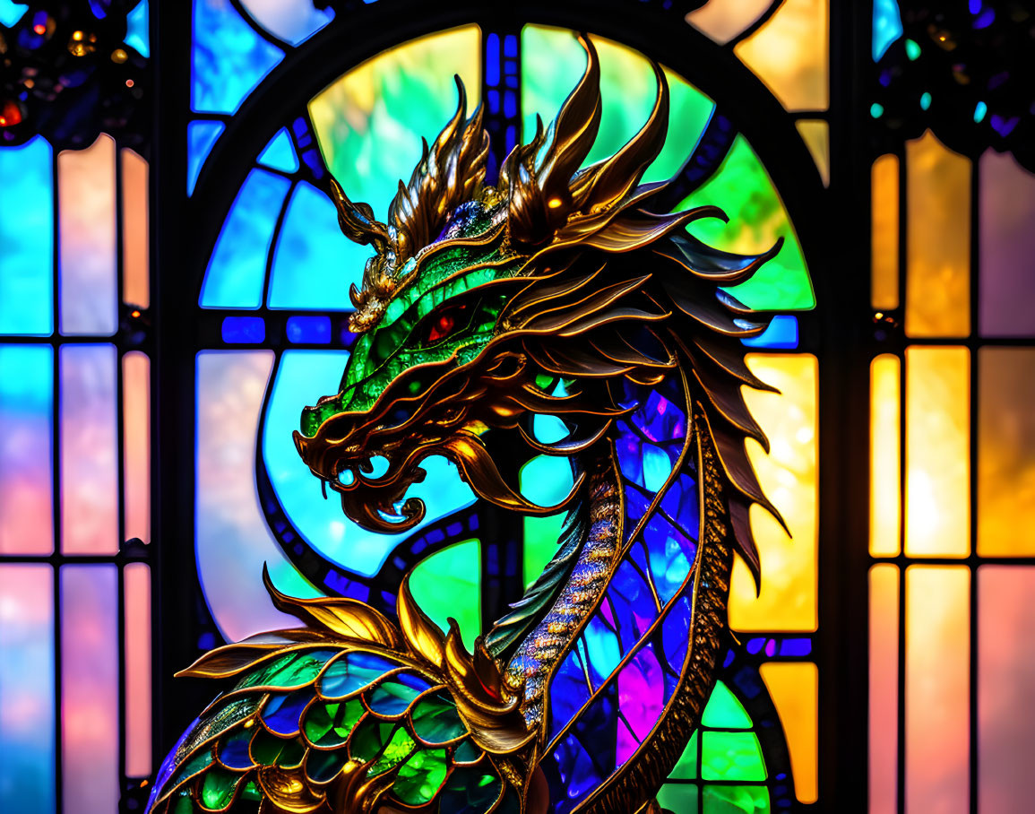 Colorful Dragon Stained Glass Window with Blue and Green Mosaic