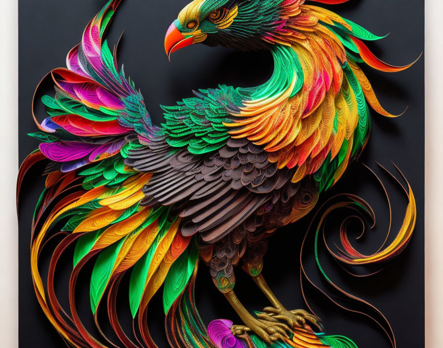 Intricate multicolored phoenix paper sculpture with vibrant feathers