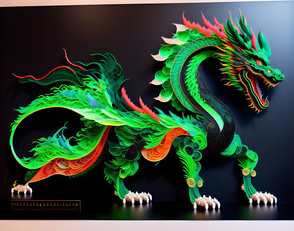 Colorful Paper Art Dragon with Intricate Patterns in Green, Red, and Orange