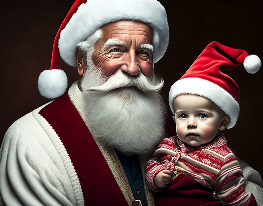 Elderly man in Santa costume holding child in Santa hat on dark background