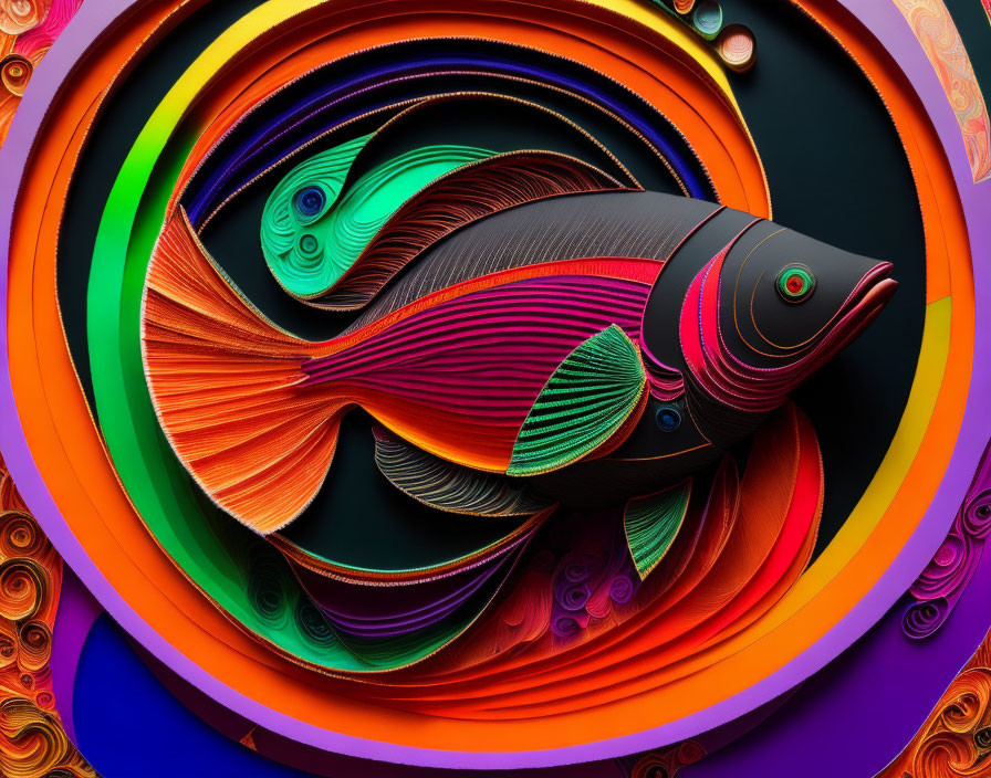 Colorful Fish Artwork with Quilled Paper Style Patterns and Circular Backdrop