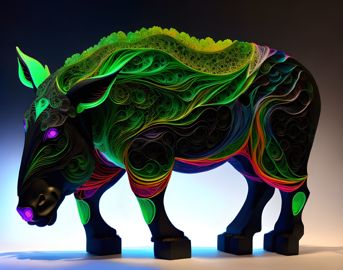 Abstract Neon Patterned Rhinoceros on Gradient Background