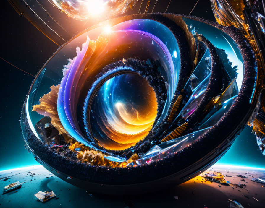 Surreal cosmic vortex digital art with swirling celestial bodies