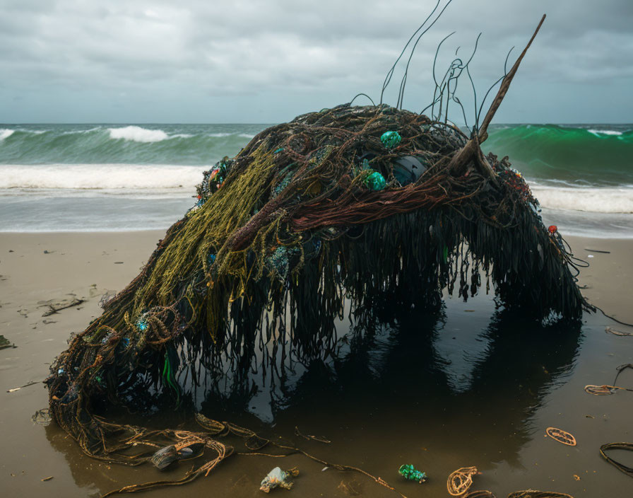 Tangled fishing nets and debris on sandy beach with turbulent sea waves and cloudy sky