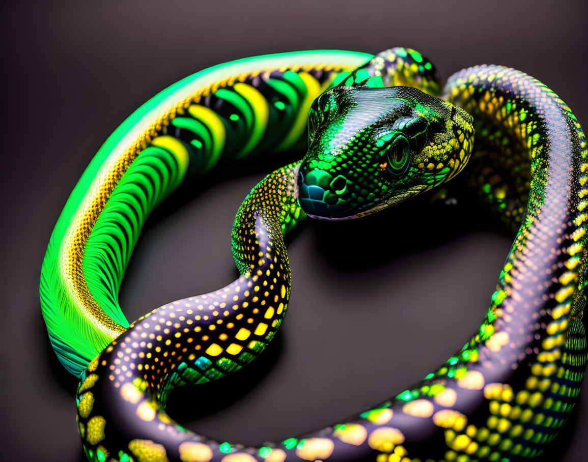 Colorful digital snake artwork with green, yellow, and black patterns on dark background