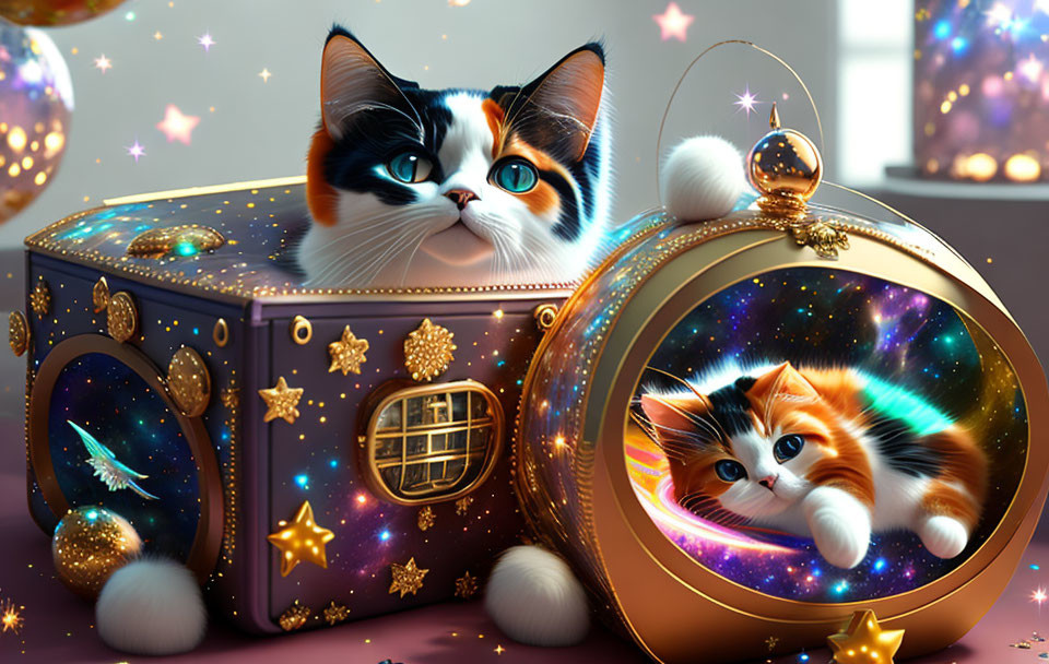 Colorful Cats in Magical Scene with Starry Backdrop