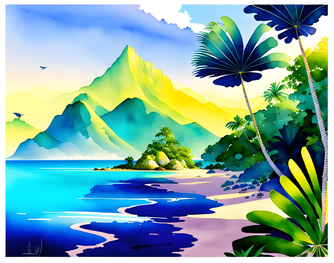 Tropical Beach Scene with Palm Trees and Blue Ocean