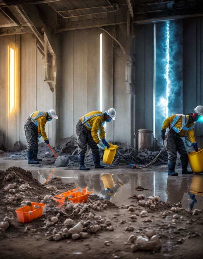 Industrial workers cleaning floor in protective gear with blue light stream