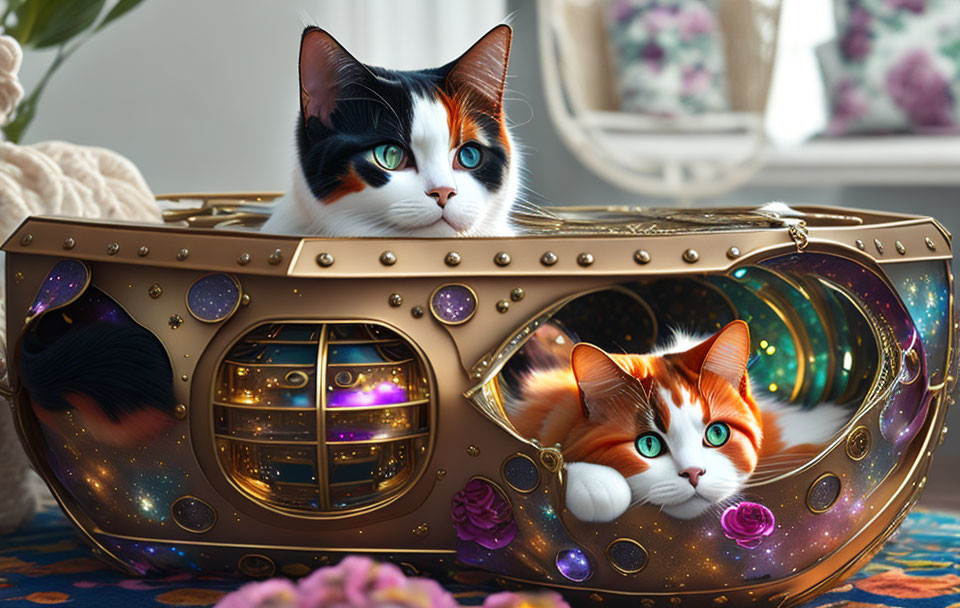 Two cats with striking eyes in a galaxy-themed capsule with a cozy interior setting