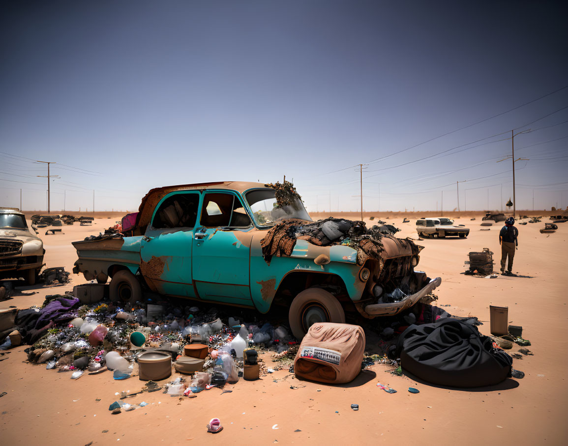 Abandoned vintage car in aqua color decaying in desert landscape